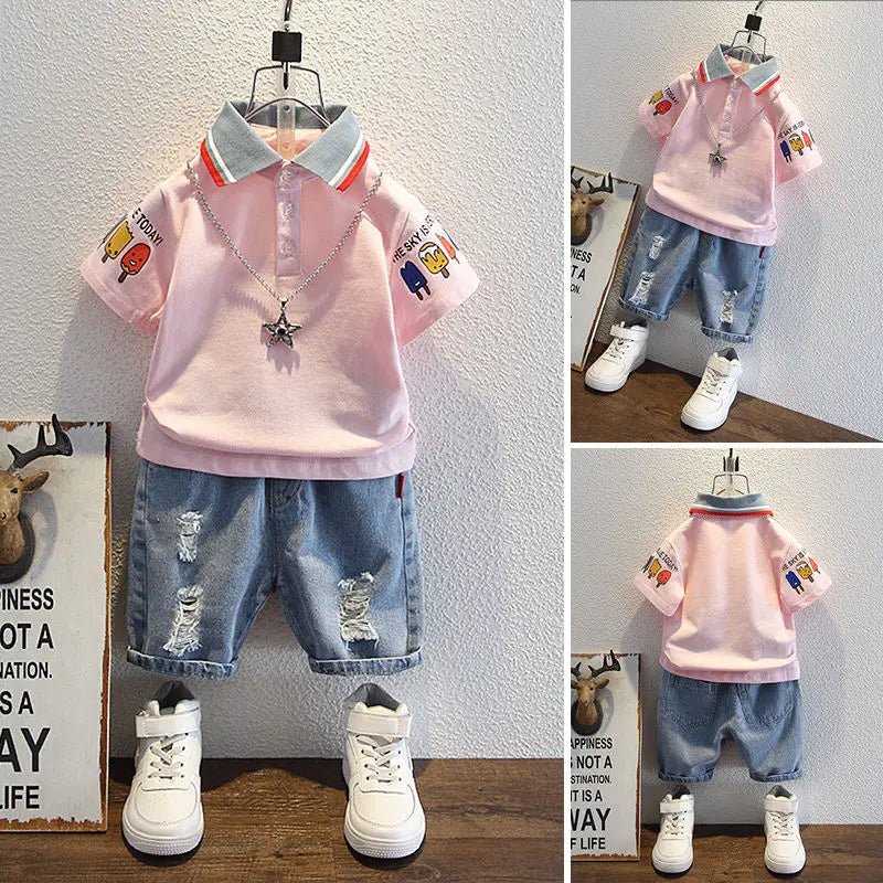 Boys 2025 Summer Outfit T-Shirt and Jeans Korean Polo Fashion 2PCS Casual Clothing Korean Reviews Top Toddler Kids Clothes Sets (Available ) - Mom & Kids