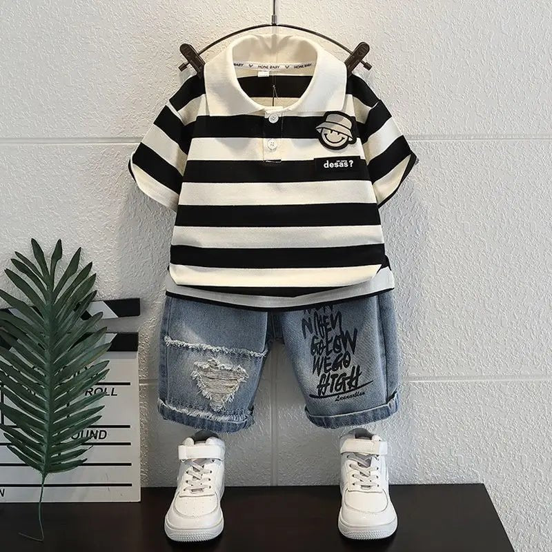 Boys 2025 Summer Outfit T-Shirt and Jeans Korean Polo Fashion 2PCS Casual Clothing Korean Reviews Top Toddler Kids Clothes Sets (Available ) - Mom & Kids