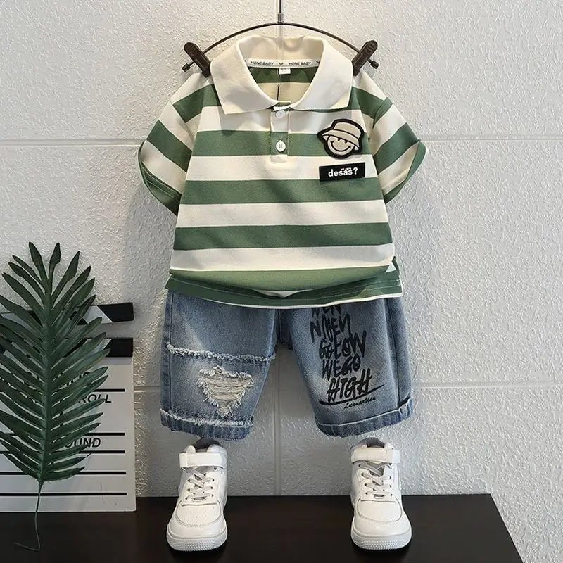Boys 2025 Summer Outfit T-Shirt and Jeans Korean Polo Fashion 2PCS Casual Clothing Korean Reviews Top Toddler Kids Clothes Sets (Available ) - Mom & Kids