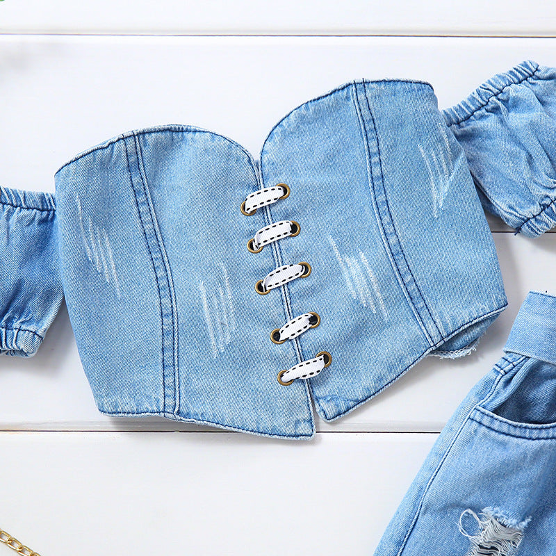 Girls' Off-shoulder Short Sleeve Lace-up Tube Top Denim Ripped Trousers Belt Suit (Available)