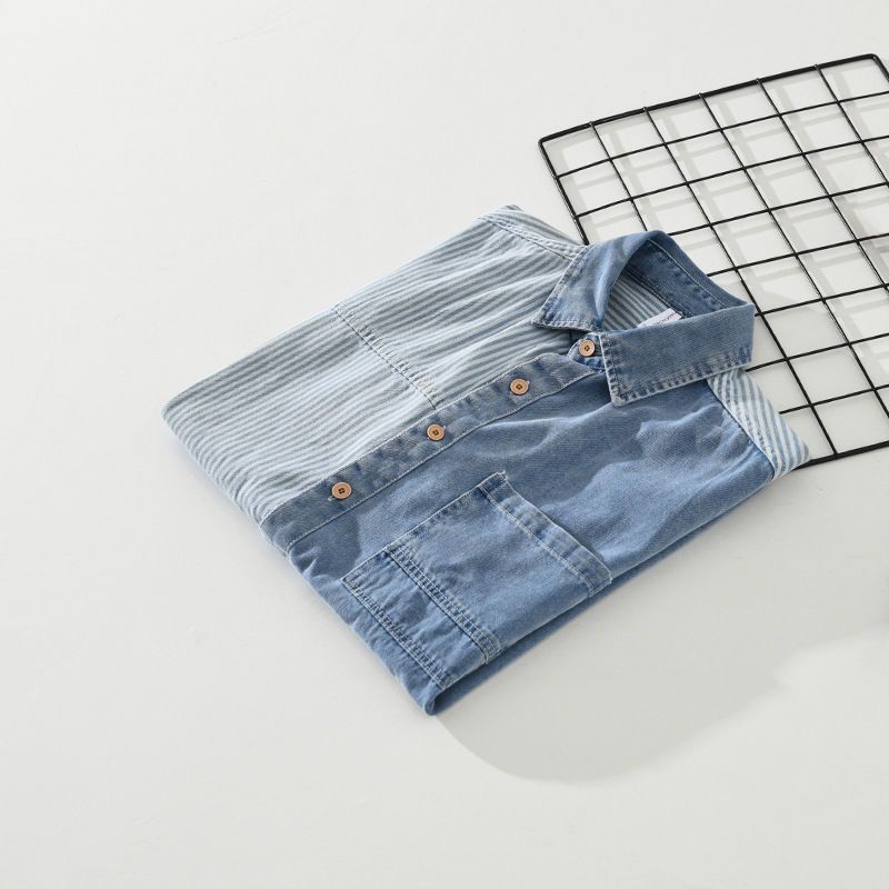 Design Sense Color Contrast Patchwork Striped Denim Short Sleeve Shirt   (Available)