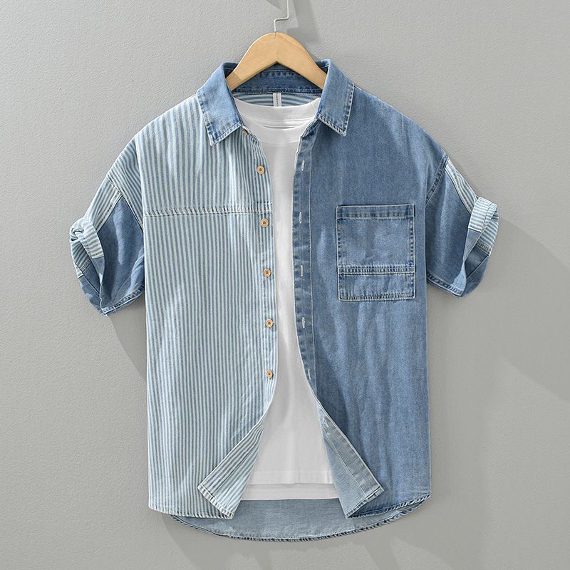 Design Sense Color Contrast Patchwork Striped Denim Short Sleeve Shirt   (Available)
