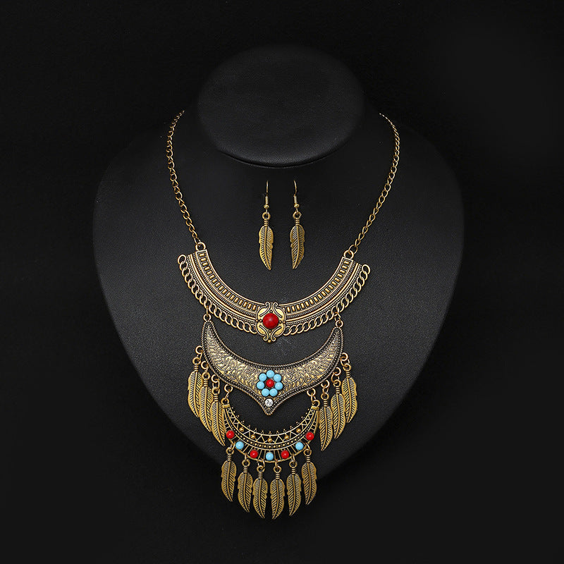 European And American Retro Multi-layer Alloy Tassel Leaves Necklace And Earrings Suite