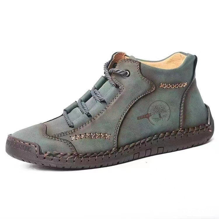 Men's Autumn Sewing High-top Leather Flat Outdoor Work Clothes Casual Shoes