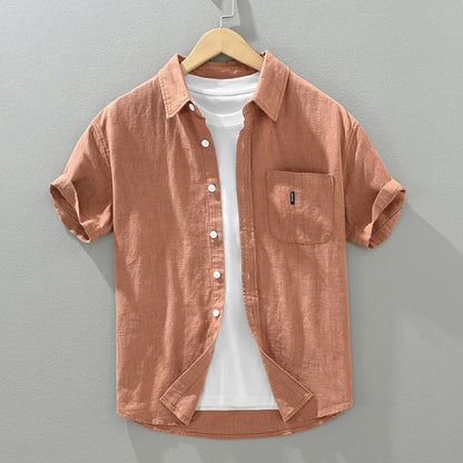 Solid Color Cotton And Linen Casual Fashion Short Sleeve Shirt