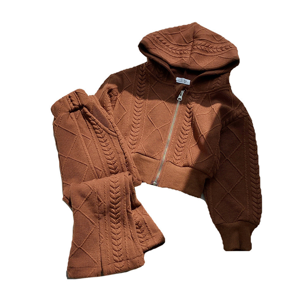 Children's Korean-style Short Knitted Long-sleeved Shirt Split Flared Pants Two-piece Set