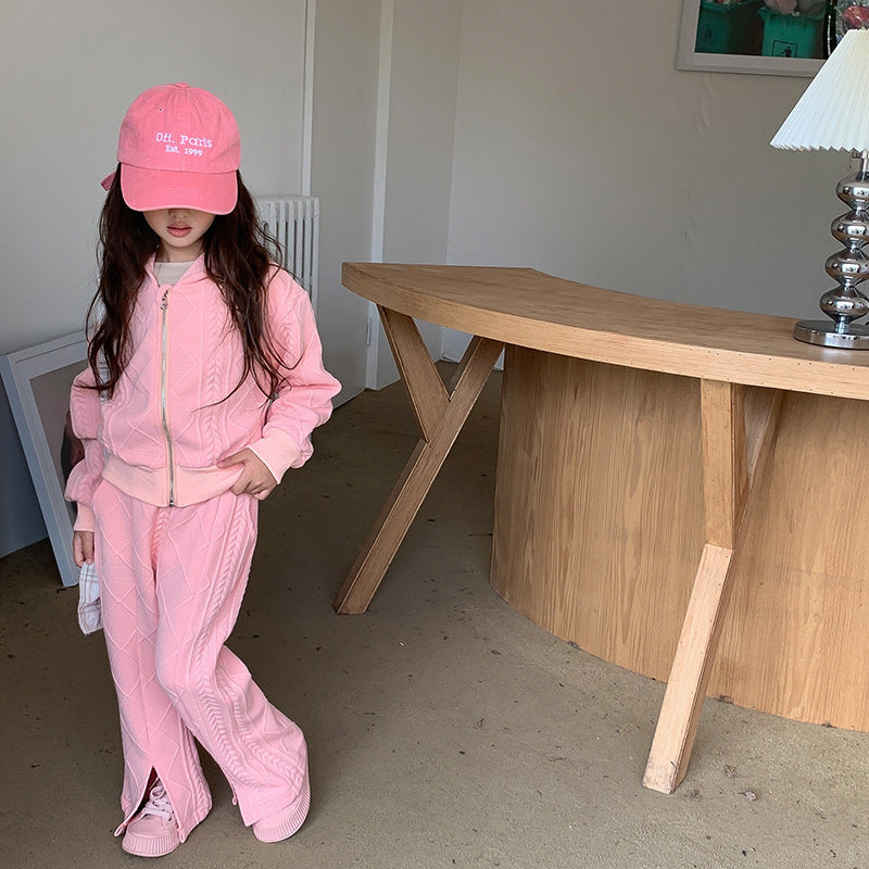 Children's Korean-style Short Knitted Long-sleeved Shirt Split Flared Pants Two-piece Set