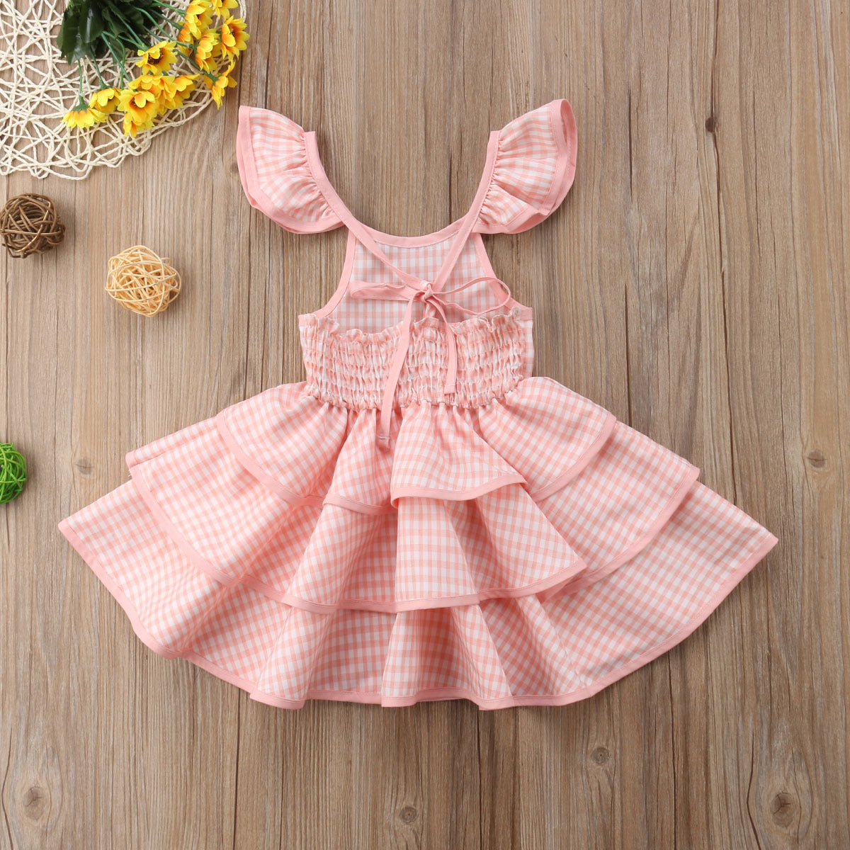 Plaid Backless Flying Sleeve Lace Up Dress Children's Sling Cake Dress