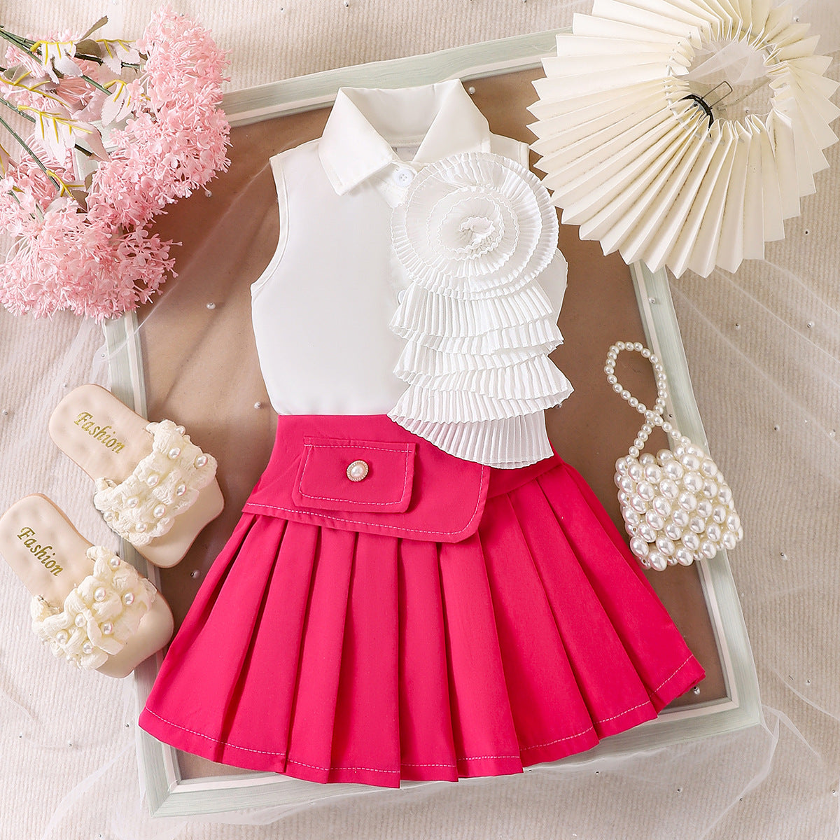 Girl's White Sleeveless Shirt With Rose Red Pleated Skirt Set (Available)