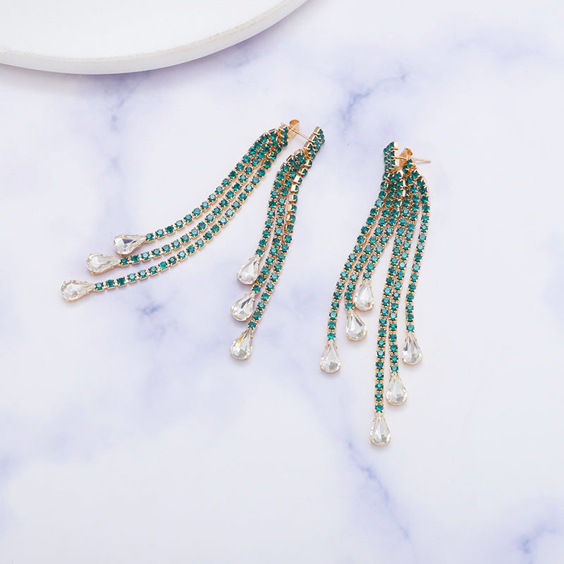 Simple Geometric Alloy Long Tassel Earrings Inlaid Rhinestone Drop Pendant Earrings Party Gift Fashion Jewelry Women
