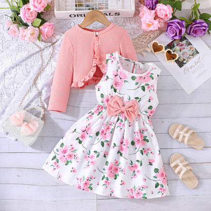Girls' Colorful Suspender Skirt Solid Color Coat Set (available)