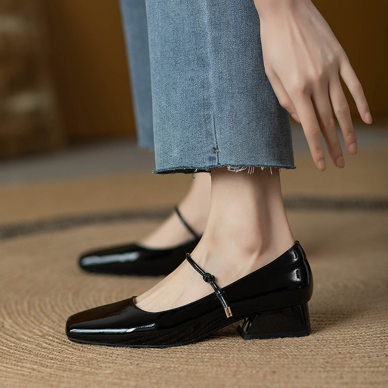 Red Patent Leather Square Toe Vintage Women's Shoes