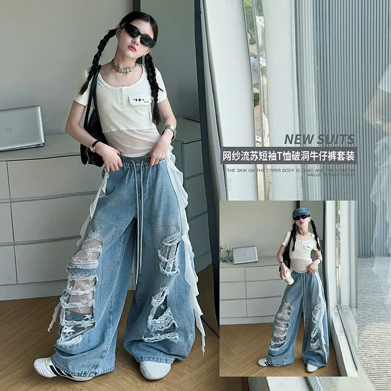 Hip-hop girl group hiphop catwalk ripped jeans jazz dance performance clothes