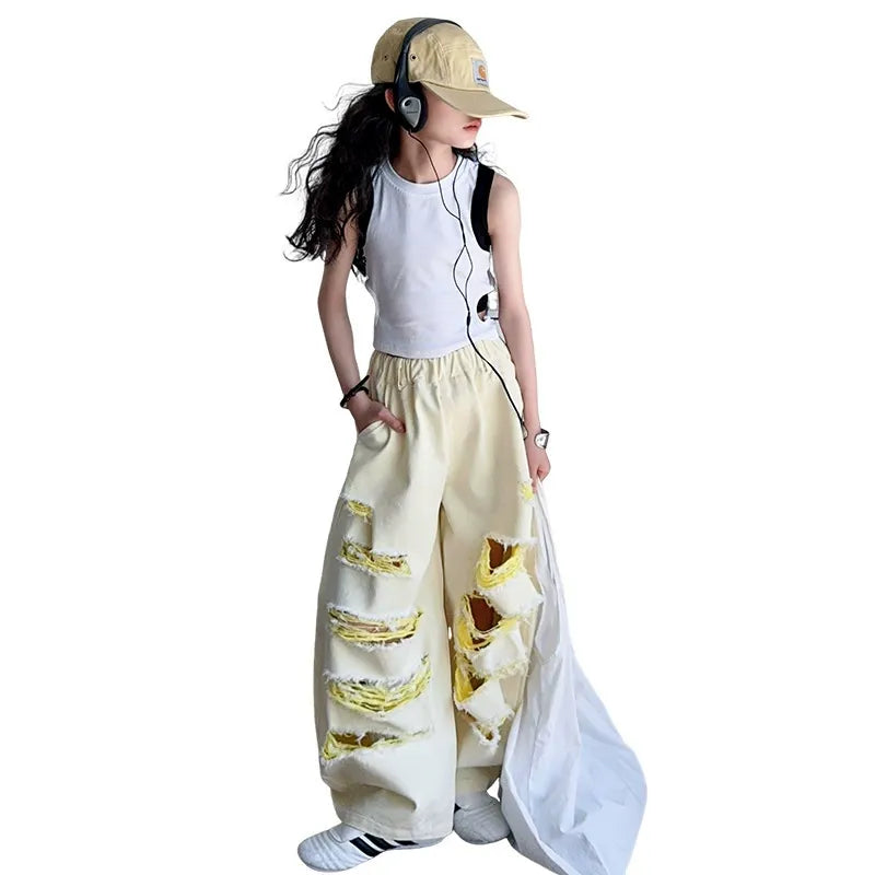 Trendy Cool Jeans Casual Vest Two-piece Set Ripped Pants