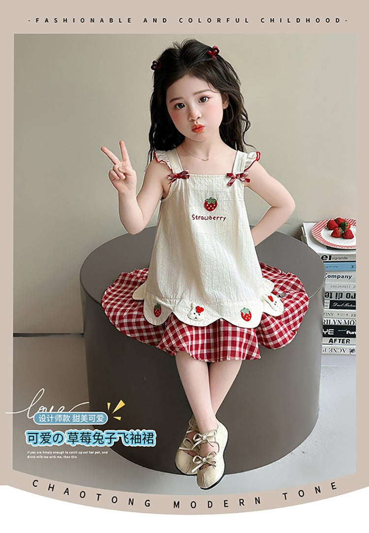 Baby girl's summer dress with plaid strawberry pattern and flutter sleeves, bunny vest dress, thin summer princess dress