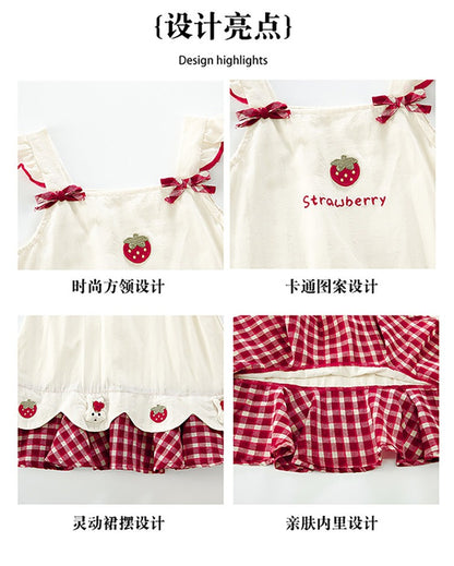 Baby girl's summer dress with plaid strawberry pattern and flutter sleeves, bunny vest dress, thin summer princess dress