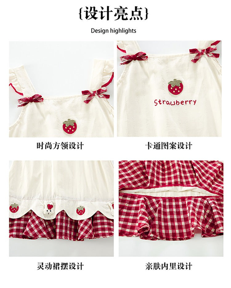 Baby girl's summer dress with plaid strawberry pattern and flutter sleeves, bunny vest dress, thin summer princess dress