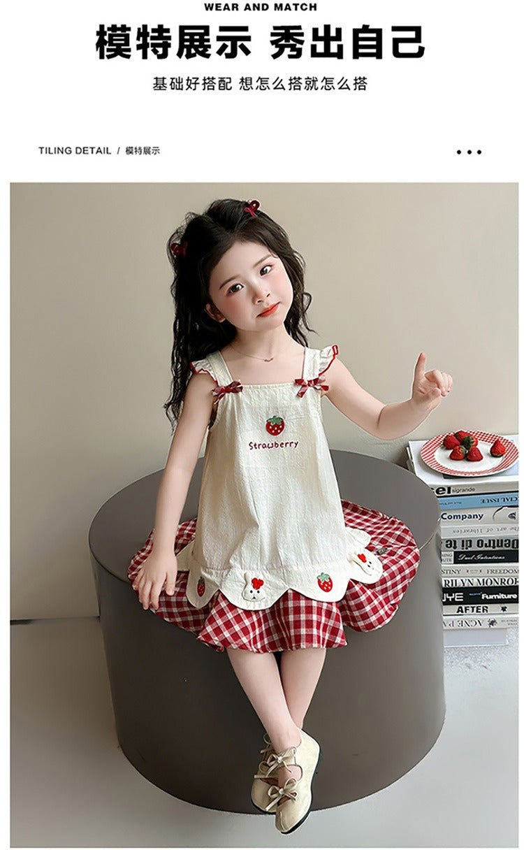 Baby girl's summer dress with plaid strawberry pattern and flutter sleeves, bunny vest dress, thin summer princess dress