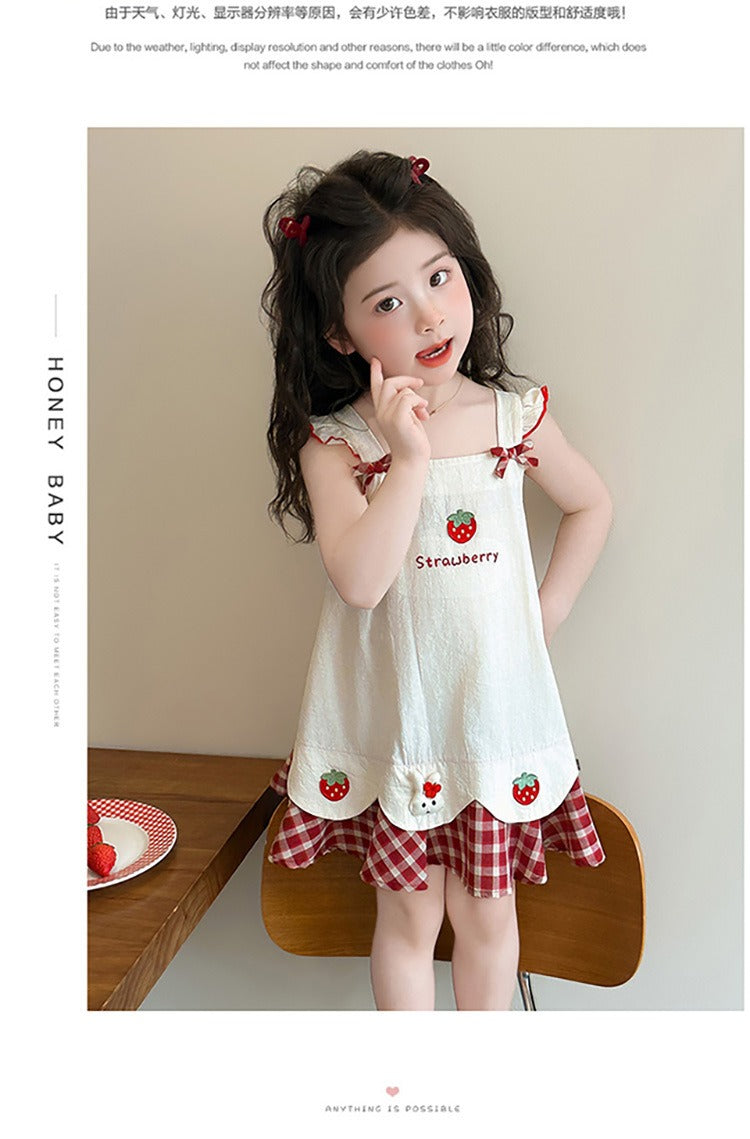 Baby girl's summer dress with plaid strawberry pattern and flutter sleeves, bunny vest dress, thin summer princess dress