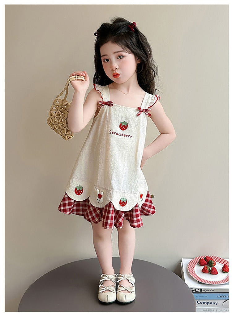 Baby girl's summer dress with plaid strawberry pattern and flutter sleeves, bunny vest dress, thin summer princess dress