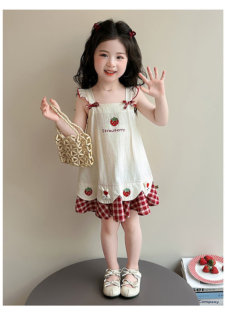Baby girl's summer dress with plaid strawberry pattern and flutter sleeves, bunny vest dress, thin summer princess dress