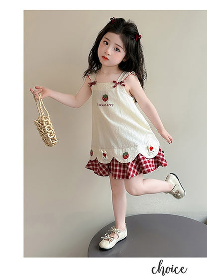 Baby girl's summer dress with plaid strawberry pattern and flutter sleeves, bunny vest dress, thin summer princess dress