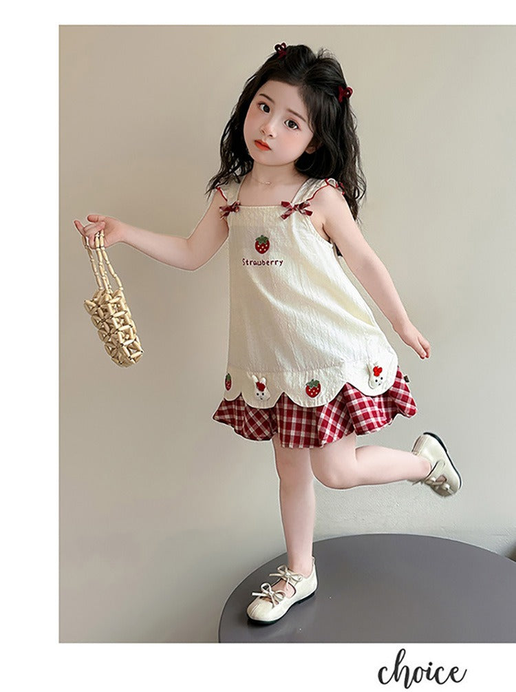 Baby girl's summer dress with plaid strawberry pattern and flutter sleeves, bunny vest dress, thin summer princess dress