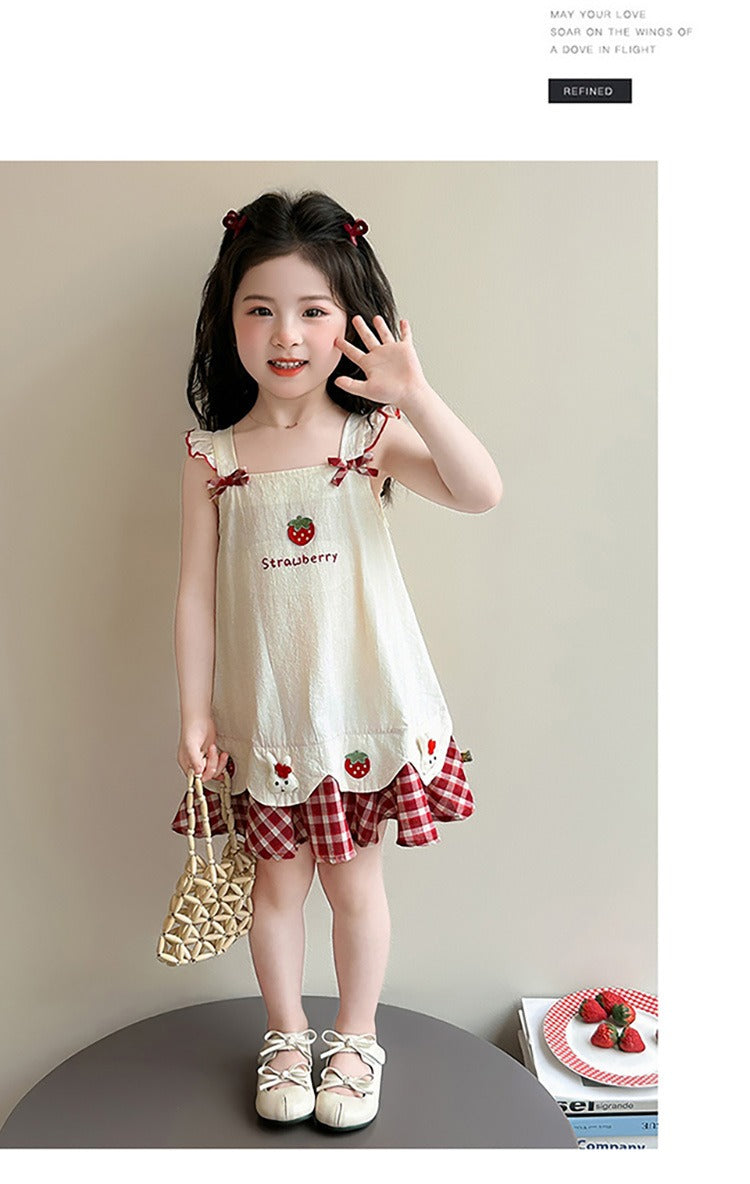 Baby girl's summer dress with plaid strawberry pattern and flutter sleeves, bunny vest dress, thin summer princess dress