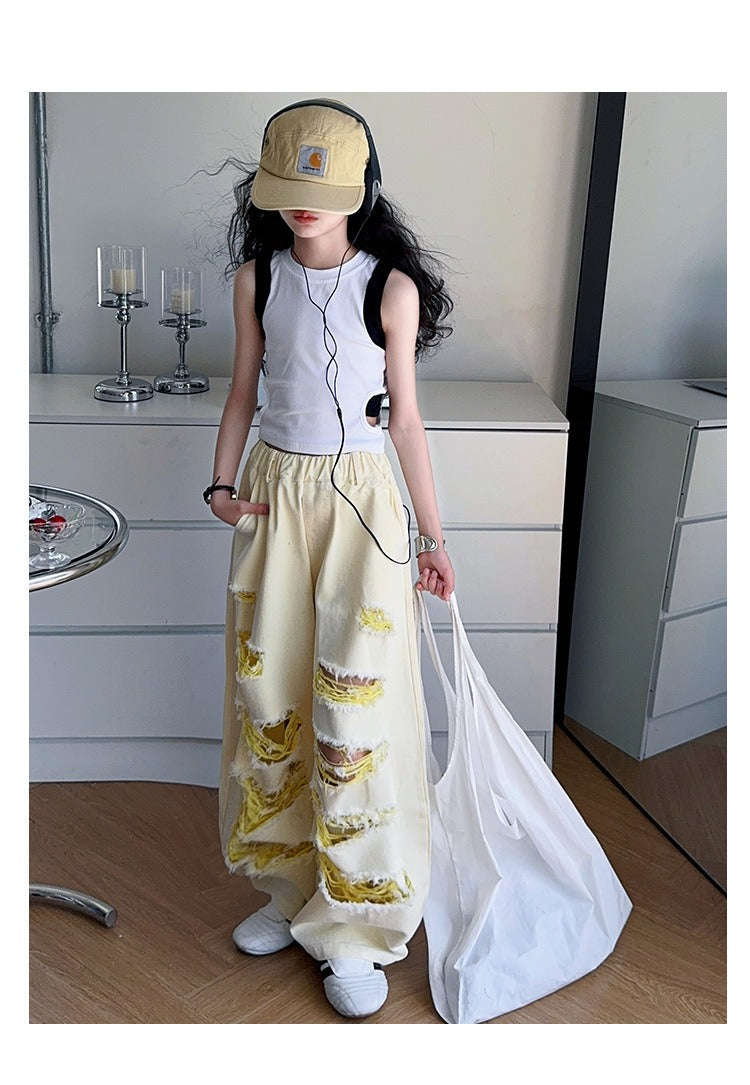 Trendy Cool Jeans Casual Vest Two-piece Set Ripped Pants