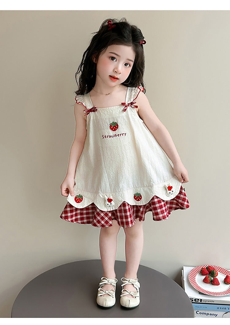Baby girl's summer dress with plaid strawberry pattern and flutter sleeves, bunny vest dress, thin summer princess dress