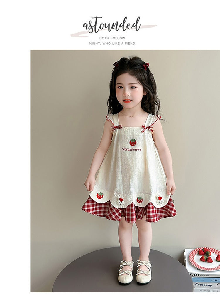 Baby girl's summer dress with plaid strawberry pattern and flutter sleeves, bunny vest dress, thin summer princess dress