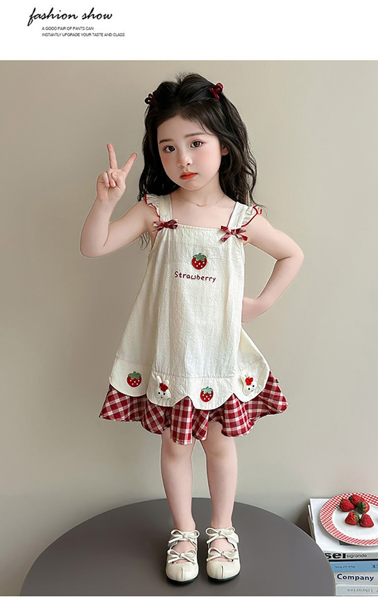 Baby girl's summer dress with plaid strawberry pattern and flutter sleeves, bunny vest dress, thin summer princess dress