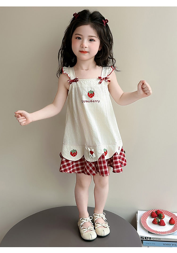 Baby girl's summer dress with plaid strawberry pattern and flutter sleeves, bunny vest dress, thin summer princess dress