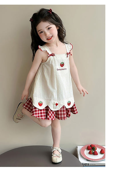 Baby girl's summer dress with plaid strawberry pattern and flutter sleeves, bunny vest dress, thin summer princess dress