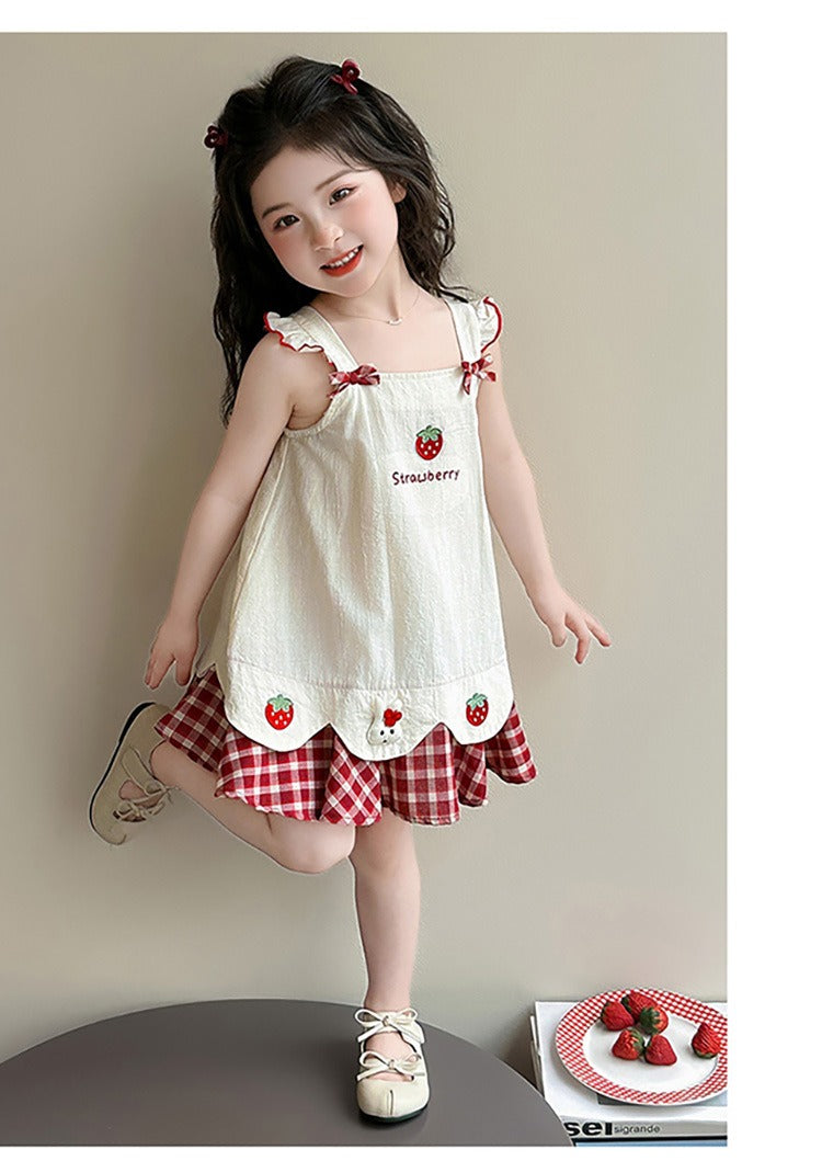 Baby girl's summer dress with plaid strawberry pattern and flutter sleeves, bunny vest dress, thin summer princess dress