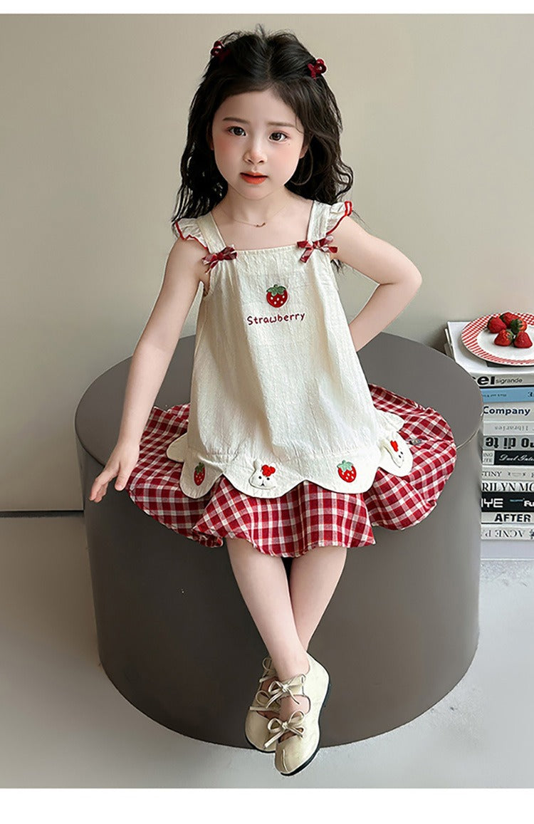 Baby girl's summer dress with plaid strawberry pattern and flutter sleeves, bunny vest dress, thin summer princess dress