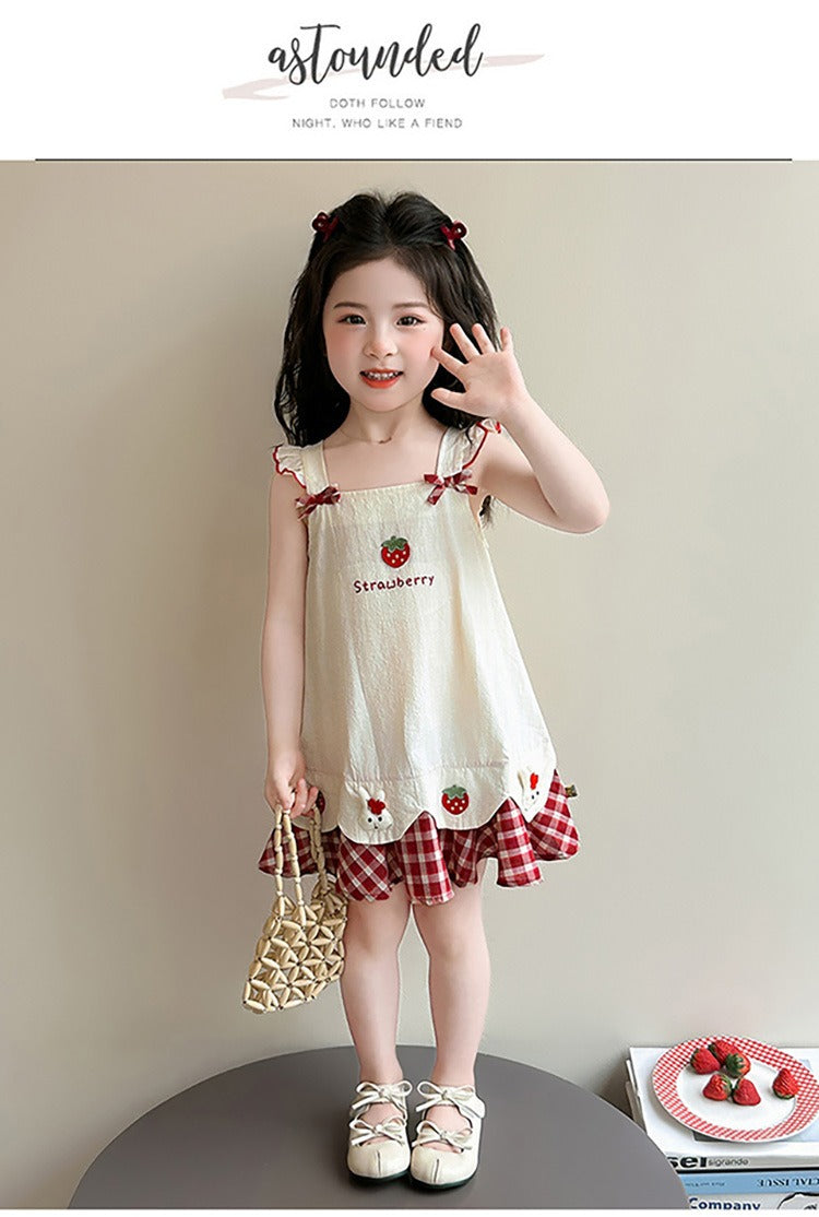 Baby girl's summer dress with plaid strawberry pattern and flutter sleeves, bunny vest dress, thin summer princess dress