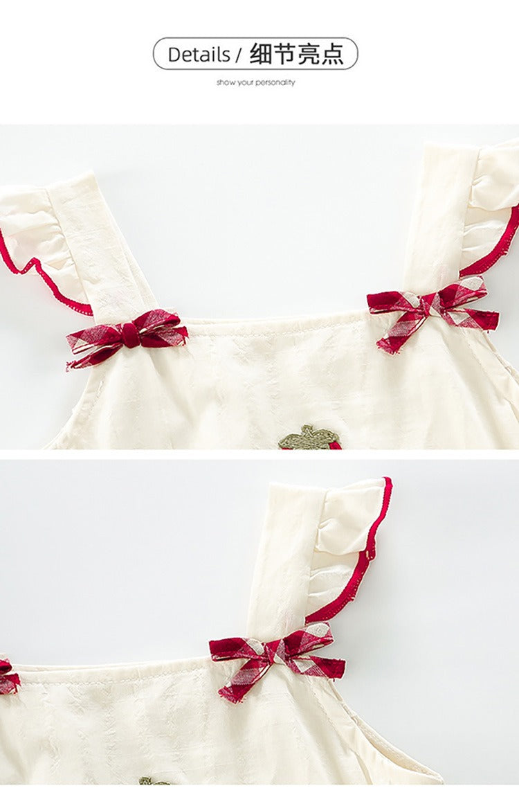 Baby girl's summer dress with plaid strawberry pattern and flutter sleeves, bunny vest dress, thin summer princess dress