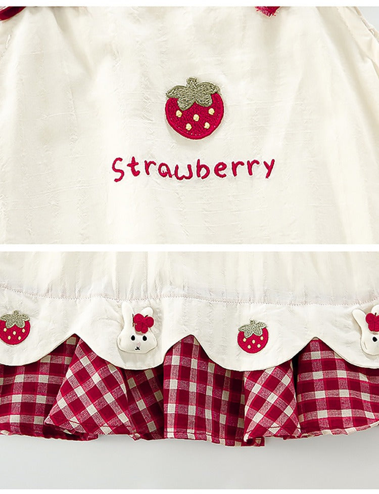 Baby girl's summer dress with plaid strawberry pattern and flutter sleeves, bunny vest dress, thin summer princess dress