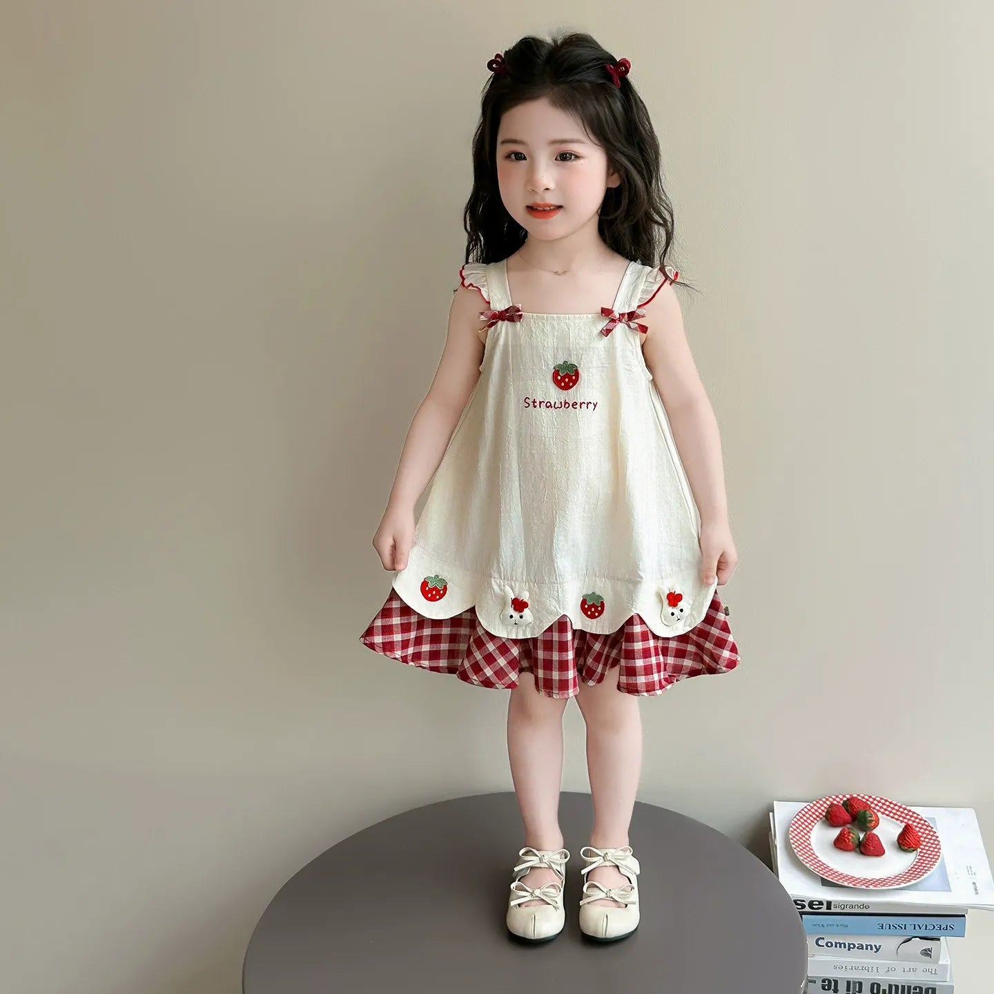 Baby girl's summer dress with plaid strawberry pattern and flutter sleeves, bunny vest dress, thin summer princess dress