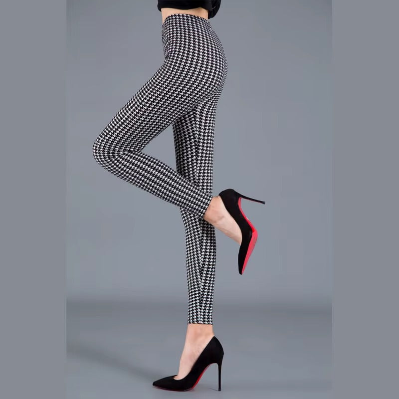 Women Plaid Leggings Fashion Print Fitness Houndstooth Floral Stripe Dot Leopard Pure Black Pants High Waist Trousers (Available)