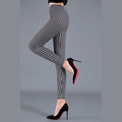 Women Plaid Leggings Fashion Print Fitness Houndstooth Floral Stripe Dot Leopard Pure Black Pants High Waist Trousers (Available)