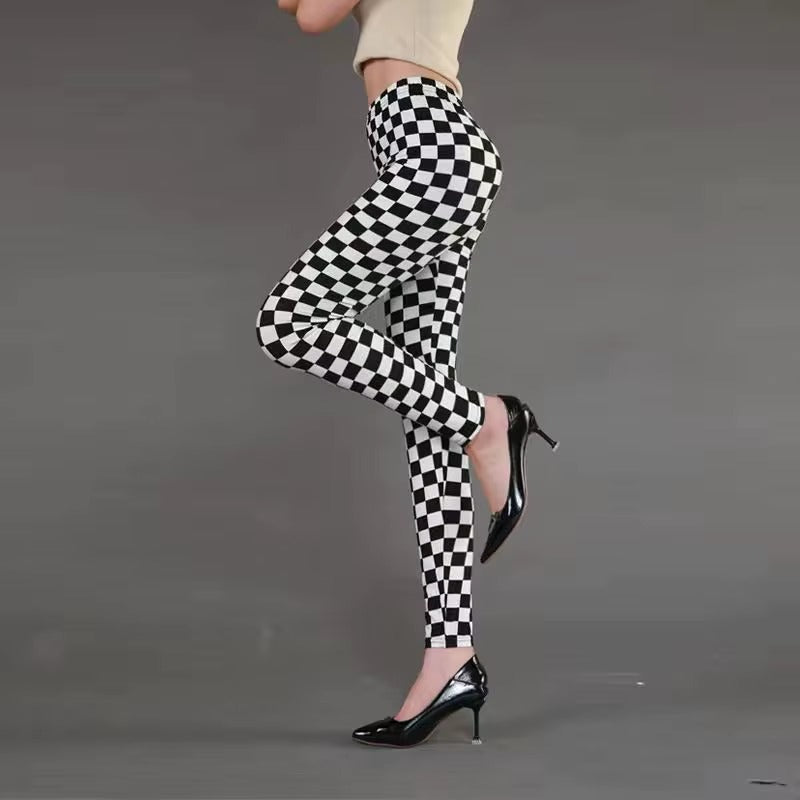 Women Plaid Leggings Fashion Print Fitness Houndstooth Floral Stripe Dot Leopard Pure Black Pants High Waist Trousers (Available)