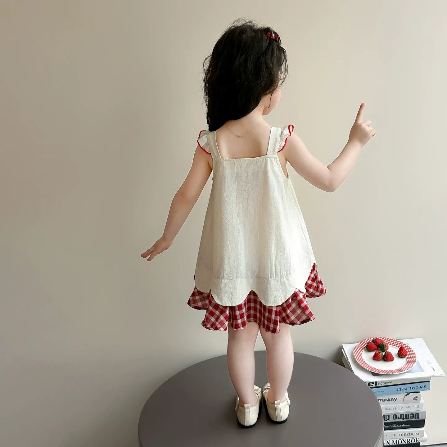 Baby girl's summer dress with plaid strawberry pattern and flutter sleeves, bunny vest dress, thin summer princess dress