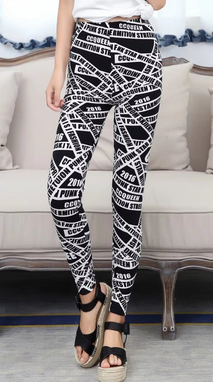 Women Plaid Leggings Fashion Print Fitness Houndstooth Floral Stripe Dot Leopard Pure Black Pants High Waist Trousers (Available)