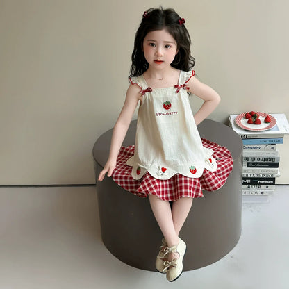 Baby girl's summer dress with plaid strawberry pattern and flutter sleeves, bunny vest dress, thin summer princess dress