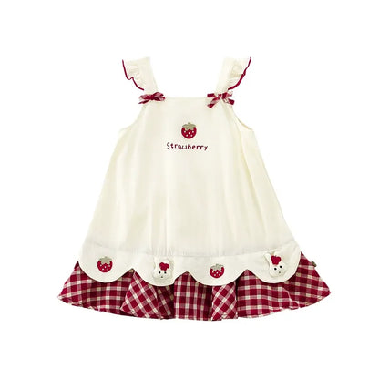 Baby girl's summer dress with plaid strawberry pattern and flutter sleeves, bunny vest dress, thin summer princess dress