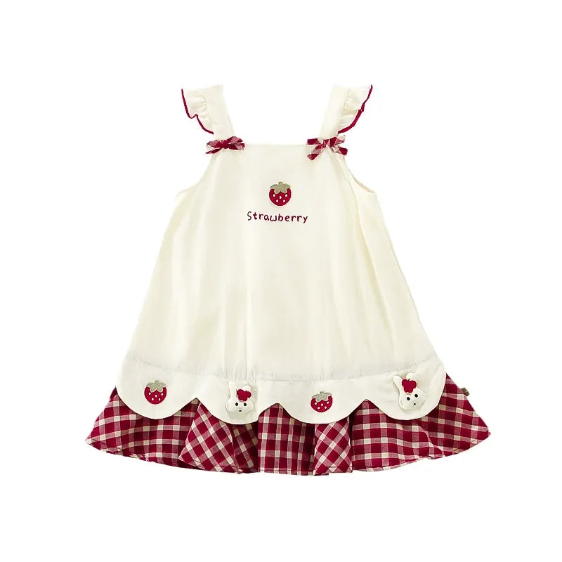 Baby girl's summer dress with plaid strawberry pattern and flutter sleeves, bunny vest dress, thin summer princess dress