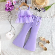 Solid Color Rose Flower Top Mesh + Flared Trousers Fashion Set