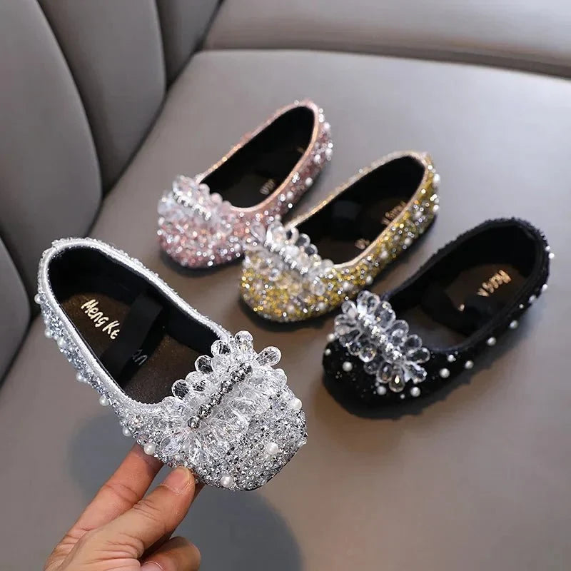 Kids Girl Shoes New Girls Princess Shoes Fashion Children Sequins Bling Bow Shoe Kid Rhinestone Non-slip Flat Shoe - Mom & Kids